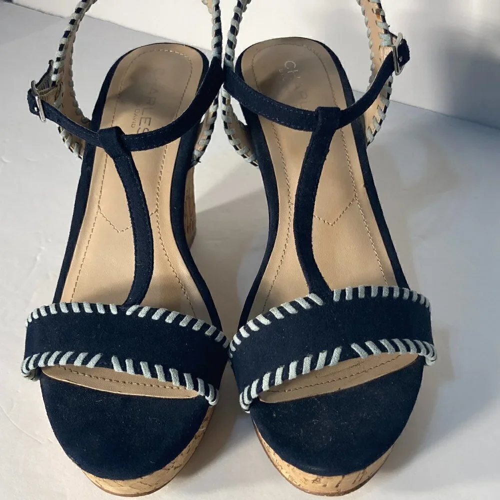 Charles David SZ 9.5 Denim Blue Suede Ankle T-Strap Cork Wedges